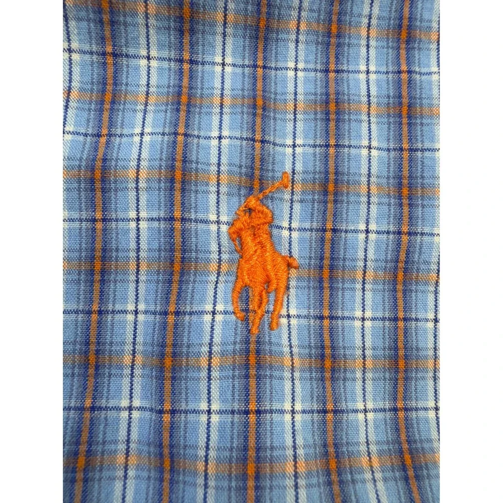 Ralph Lauren Boys Blue Orange Plaid‎ Short Sleeve Button Down Shirt Size L 16/18